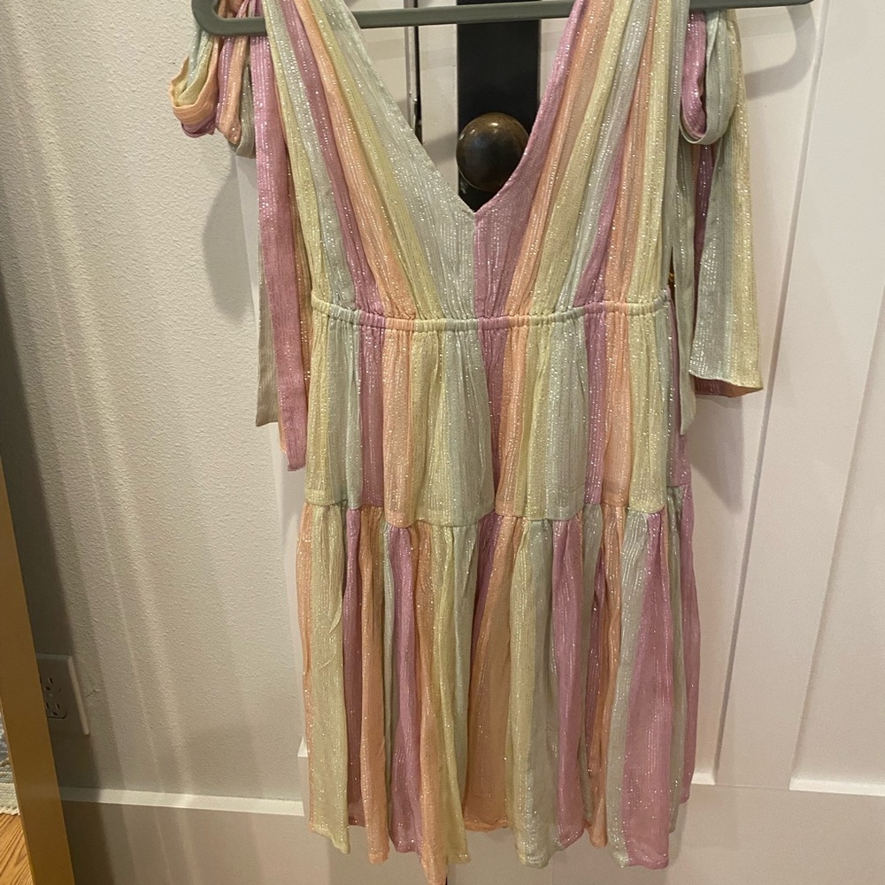 Sundress Metallic Colorful Tie Sleeve Mini Dress